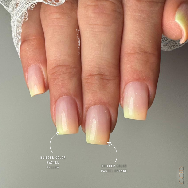 Pose ongles carrés avec babycolor au Builder Color Pastel Orange et Pastel Yellow
