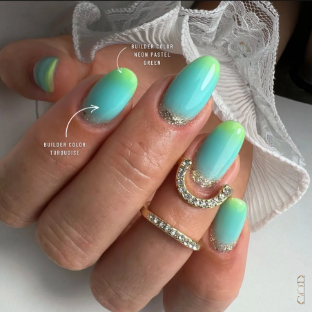 Pose ongles ovales avec les Builder Color Neon Pastel Green et Turquoise Pose ongles ovales avec les Builder Color Neon Pastel Green et Turquoise