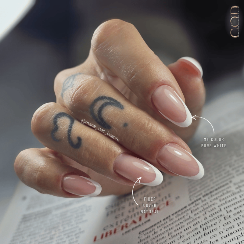 Pose amande avec le Fiber Cover Natural et le My Color Pure White en french