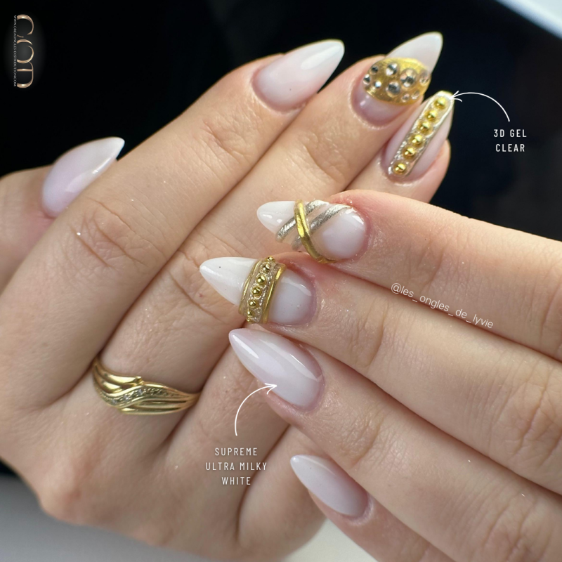 Pose amande avec le Supreme Ultra Milky White et le Gel 3D Clear