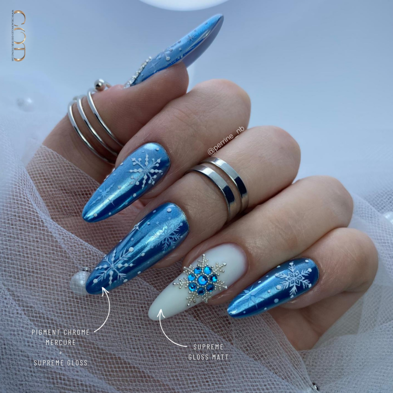 Pose en amande avec la Supreme Gloss Matt, le Pigment Chrome Mercure et la Supreme Gloss