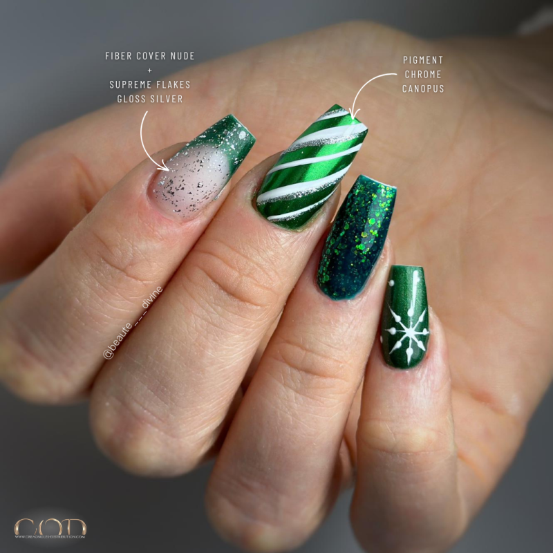 Pose coffin hivernale avec le Fiber Cover Nude, la Supreme Flakes Gloss Silver et le Pigment Chrome Canopus