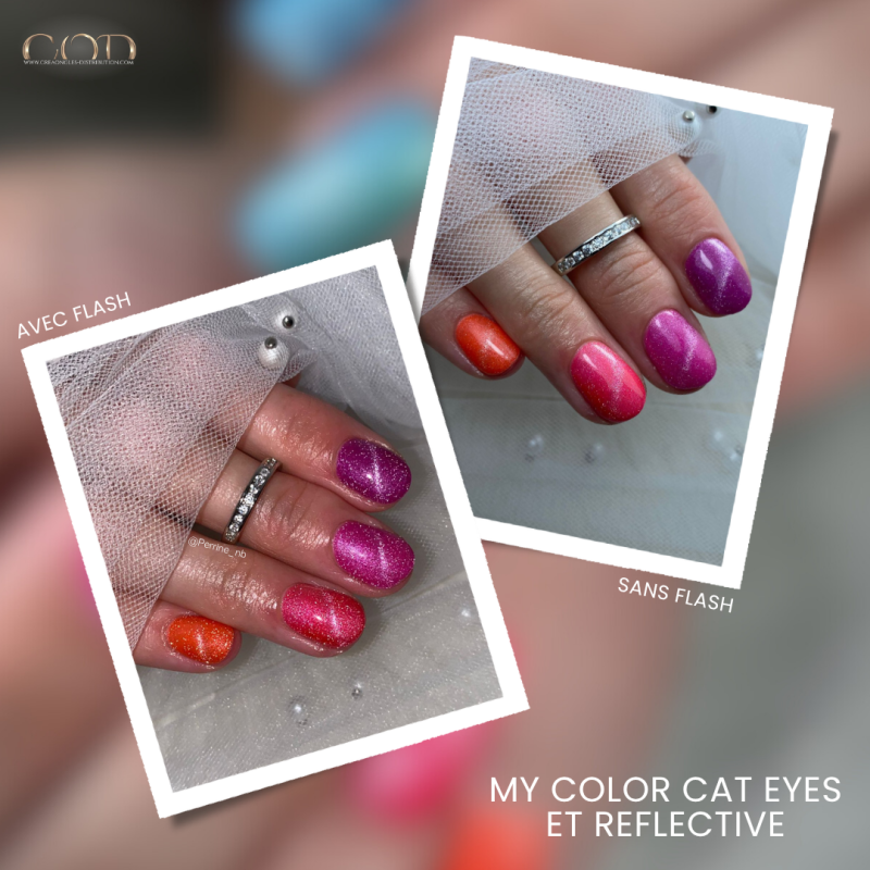 Pose ongles avec effet cat eyes et reflective Rainbow collection