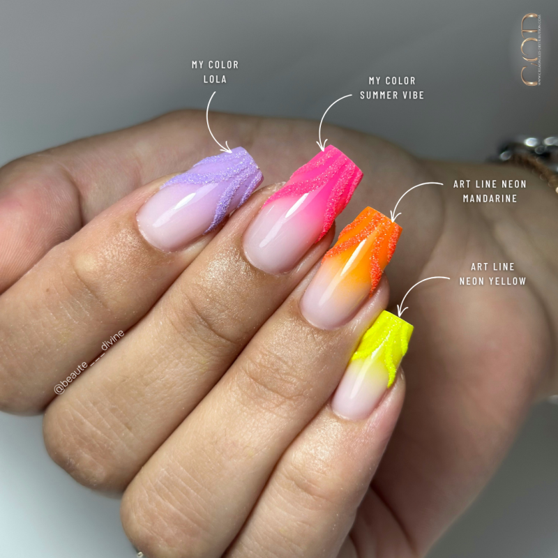 Pose coffin avec le My Color Lola, Summer Vibe, Art Line Neon Mandarine et Neon Yellow