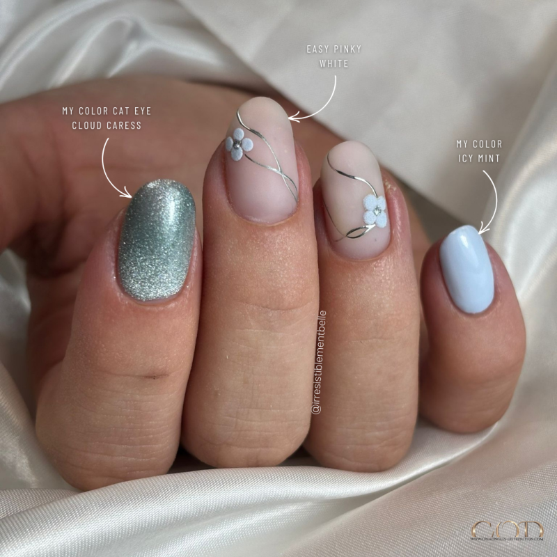 Pose ovale avec le My Color Cloud Caress, le gel Easy Pinky White et le My Color Icy Mint