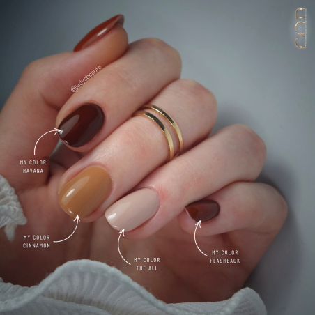 Pose ovale avec le My Color Cinnamon, Havana, Flashback et The All