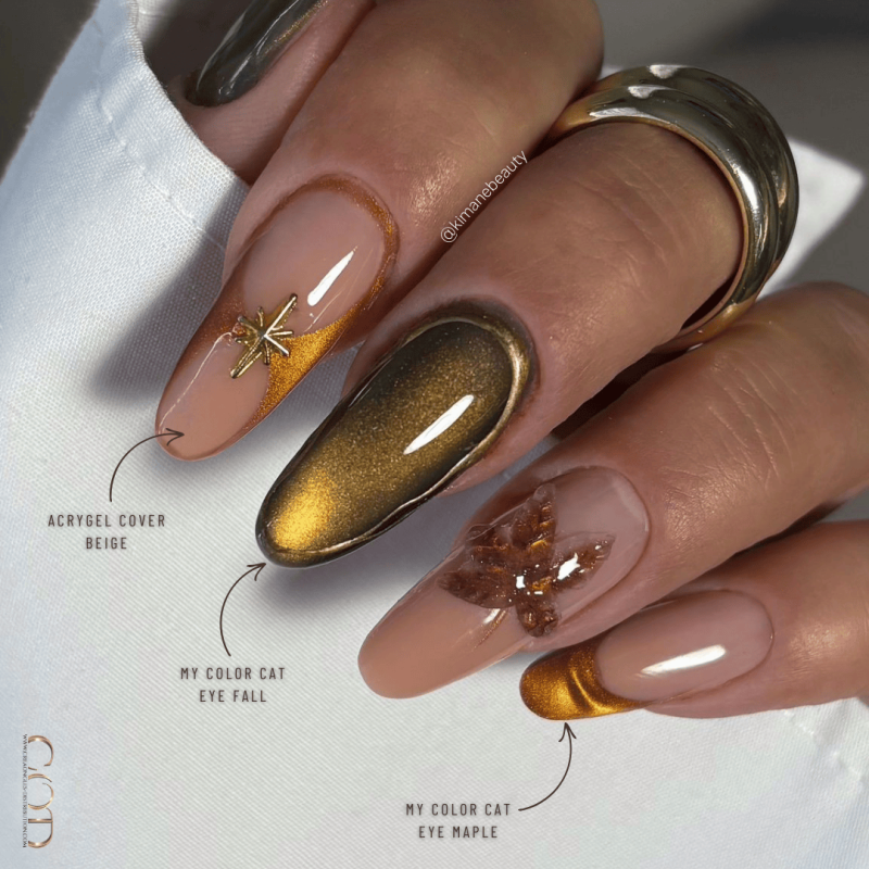 Pose en amandes avec les Cat Eye Fall et Maple et l'Acrygel Cover Beige