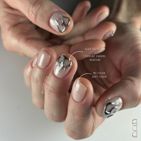 Renfo avec nail art 3D avec la glue gel black et le chrome mercure