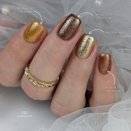 Pose carrée avec le My Color Hazelnut en cat eye, Praline, Ginger et le Honey