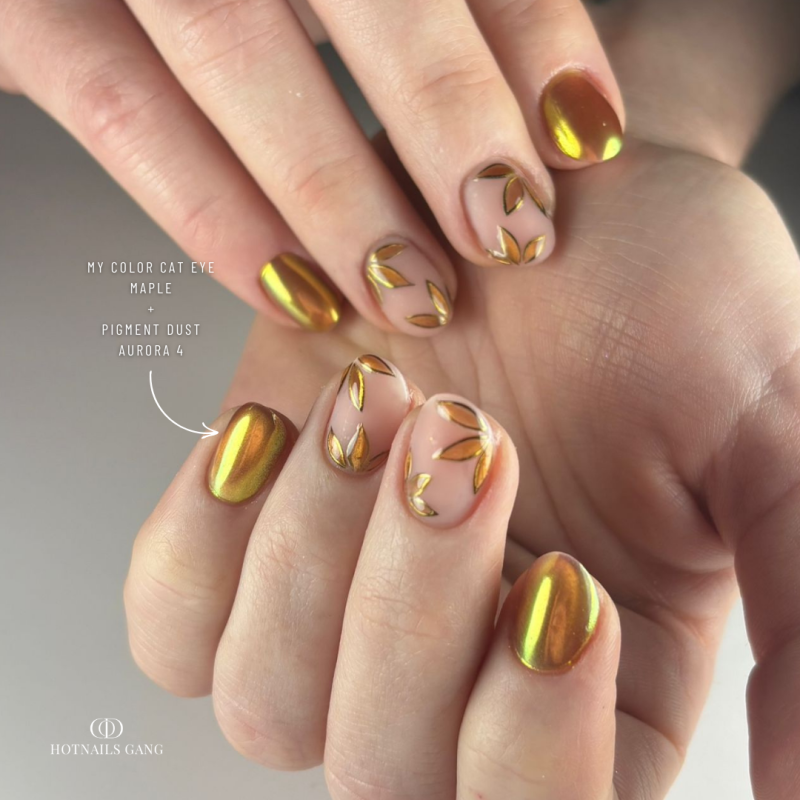 Pose d'ongles avec le My Color Cat Eye Maple et le Pigment Dust Aurora 4