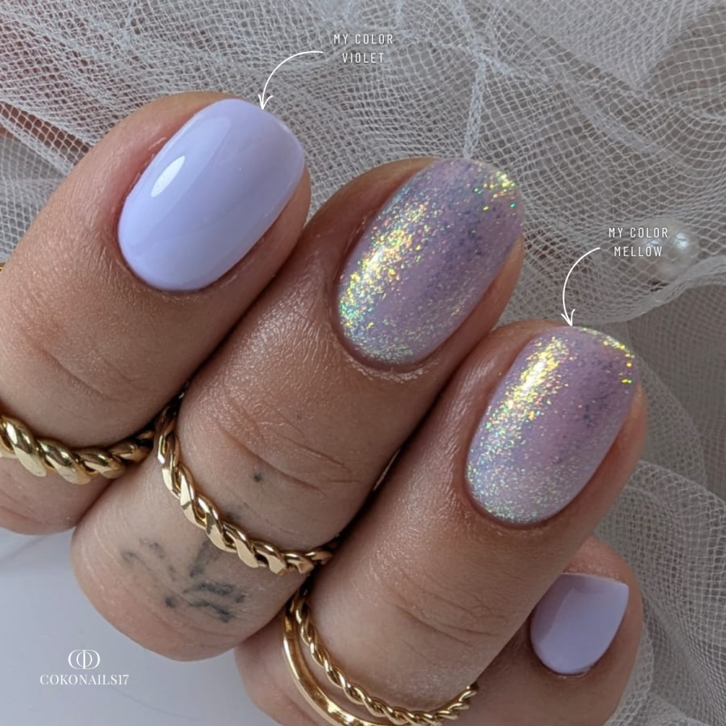 Pose d'ongles ovale avec le My Color Mellow, bleu violet pailleté