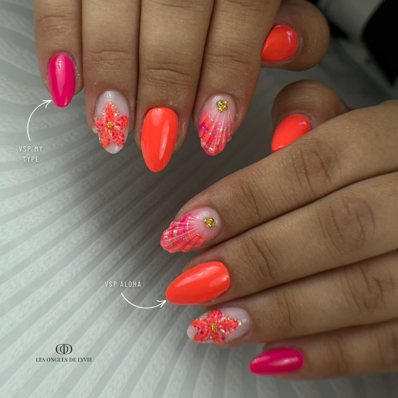 Pose en amande avec les VSP Aloha, orange corail néon