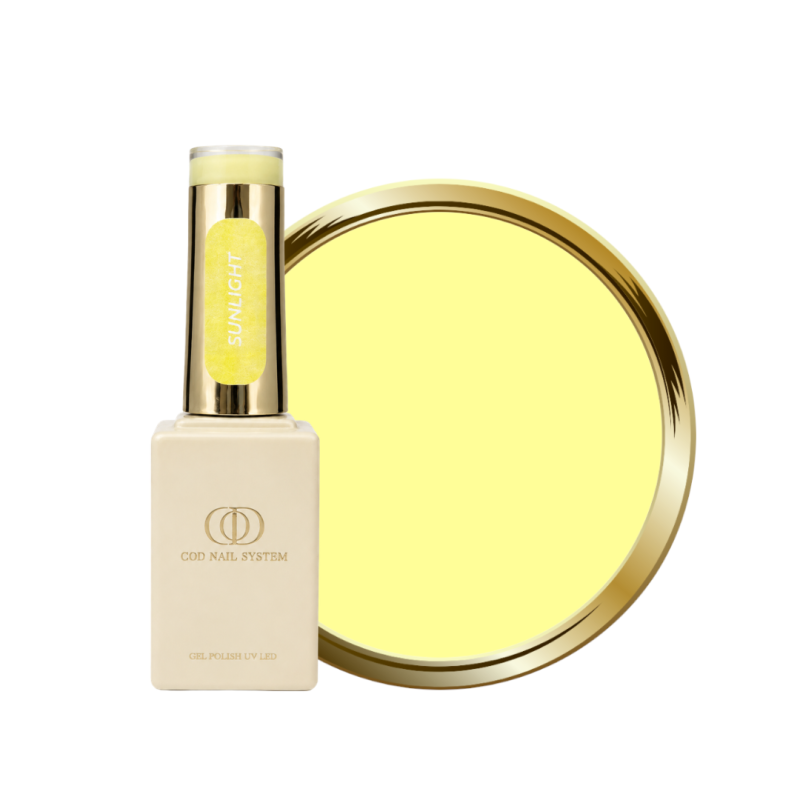Flacon et pastille du vernis semi permanent Sunlight, jaune pastel