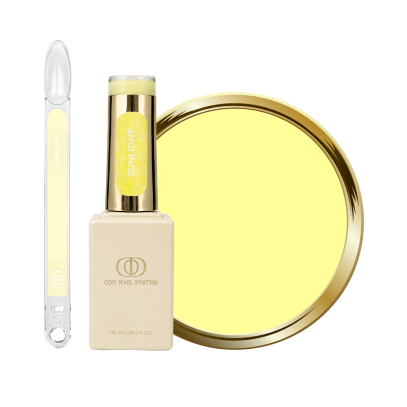 Flacon, tips et pastille du vernis semi permanent Sunlight, jaune pastel