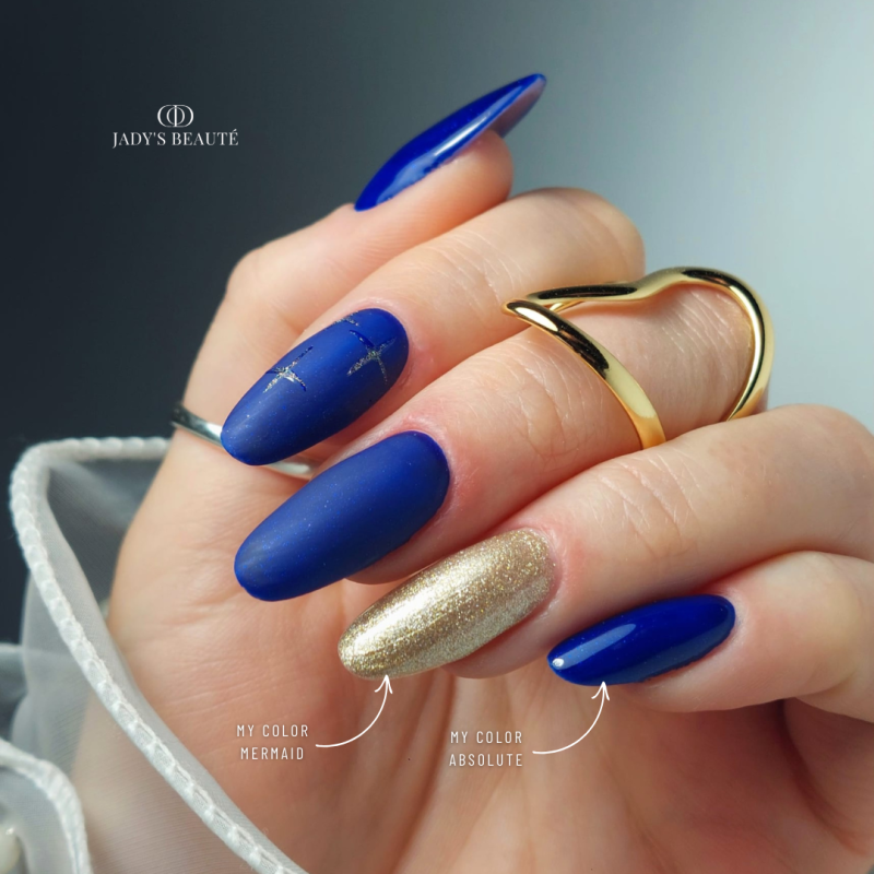Pose en amandes avec le vernis semi permanent Absolute, bleu roi