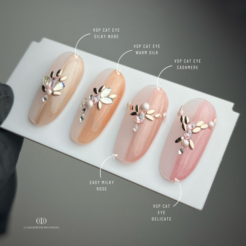Capsules réalisées avec le vernis semi permanent Cat Eye Silky Nude, Warm Silk, Cashmere et Delicate