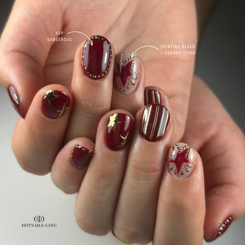 Pose d'ongles avec le vernis semi permanent Dangerous, bordeaux cerise noire