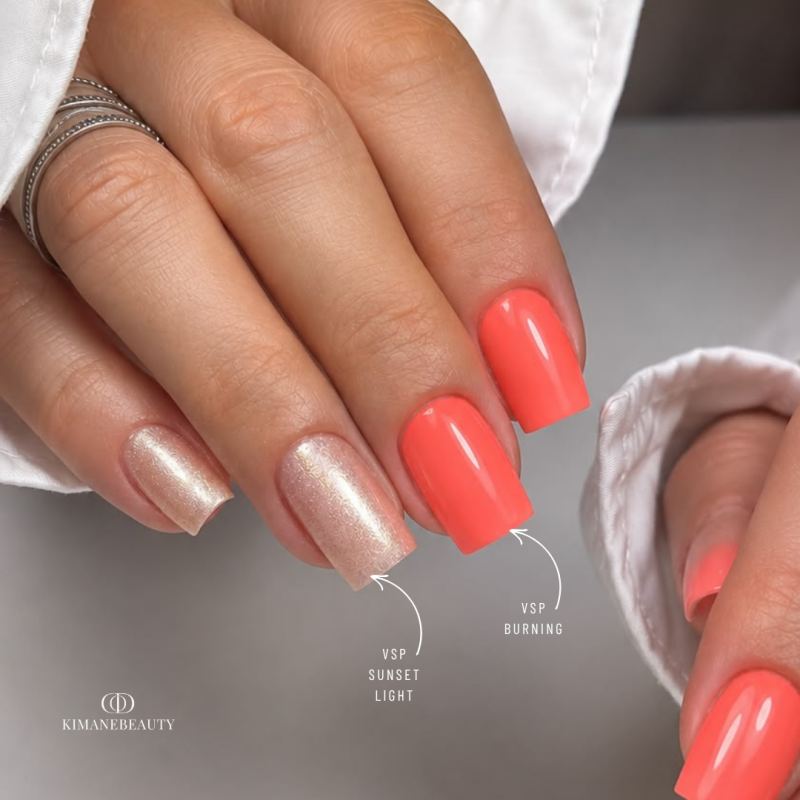 Pose d'ongles carrée avec le vernis semi permanent Burning, néon orange pêche