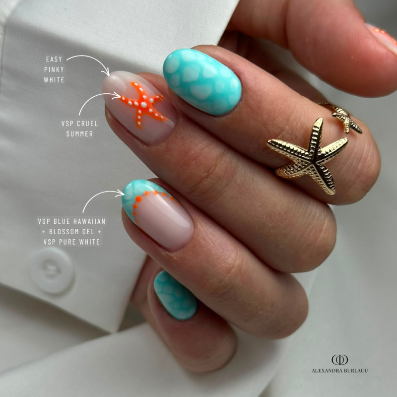 Pose en amandes avec le vernis semi permanent Blue Hawaiian bleu pastel