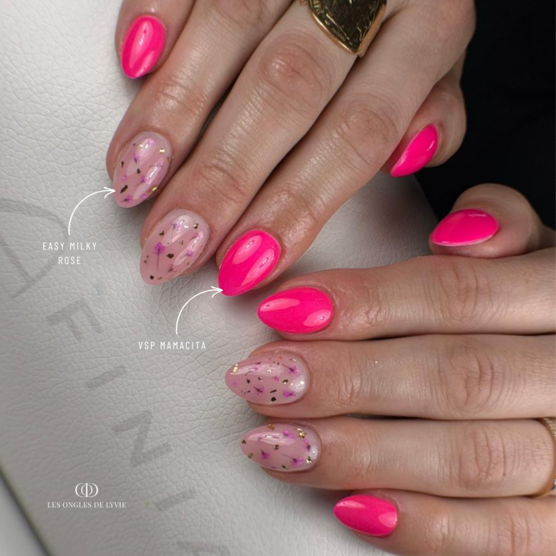 Pose d'ongles en amandes avec le vernis semi permanent Mamacita, rose néon