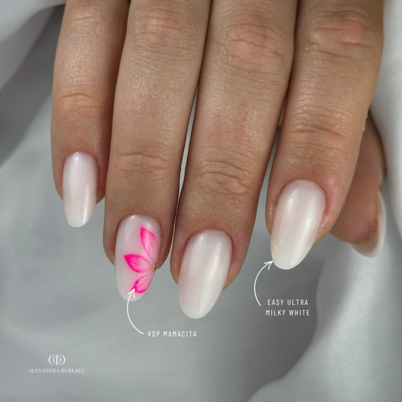 Pose d'ongles en amandes avec le vernis semi permanent Mamacita, rose néon