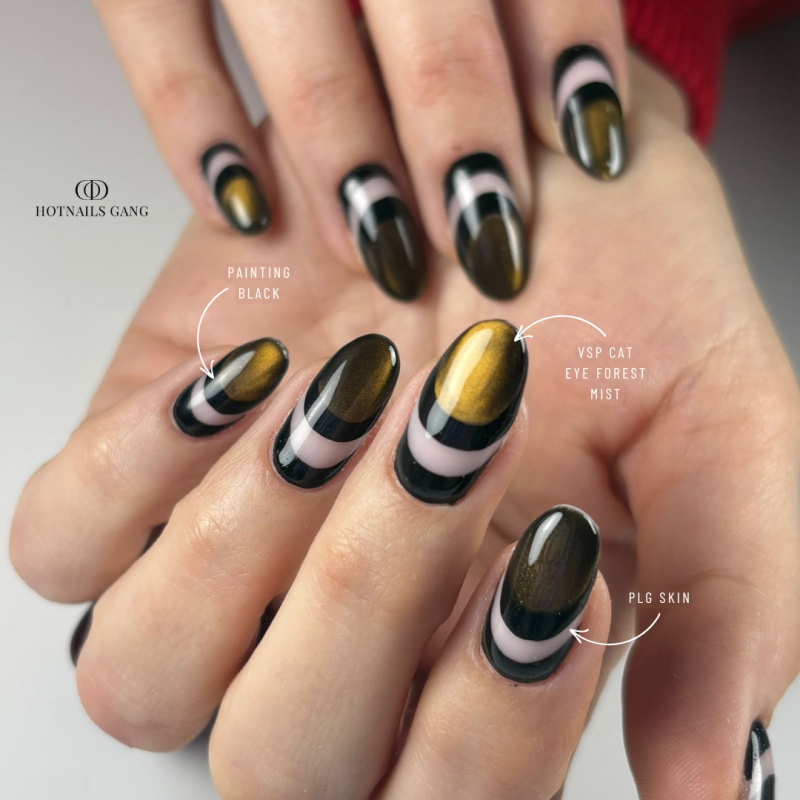Pose d'ongles ovales avec le vernis semi permanent Cat  Eye Forest Mist, marron noir aux reflets dorés