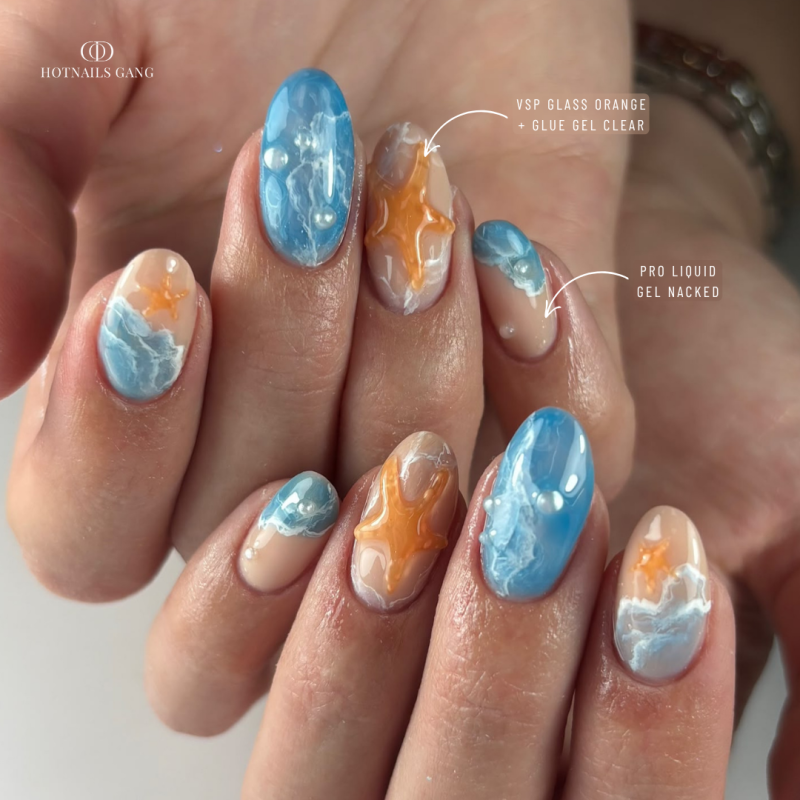 Pose d'ongles en amandes du vernis semi permanent Glass Orange, vitrail orange