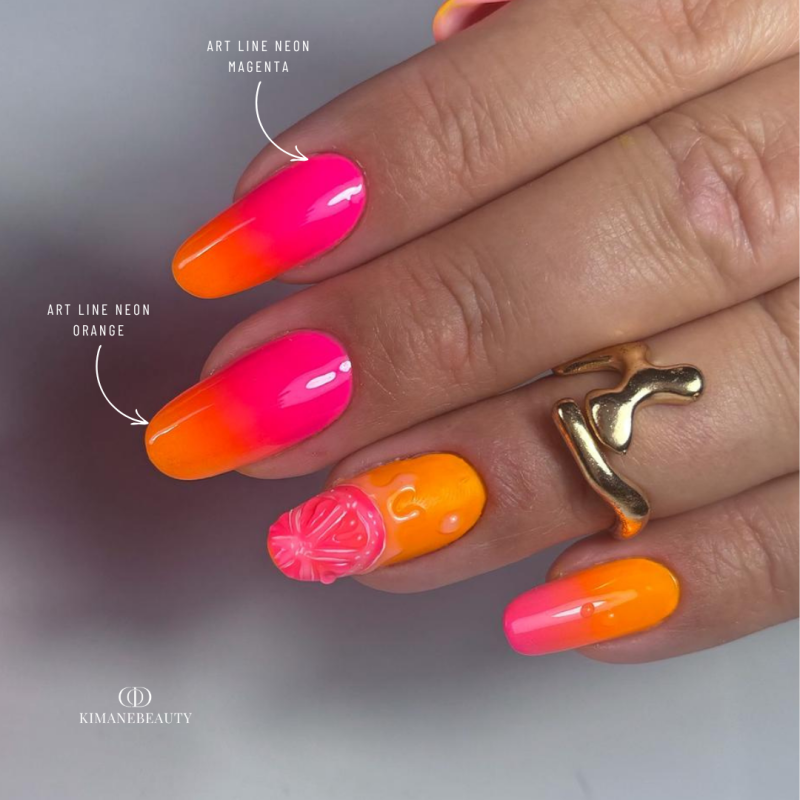 Pose d'ongles en amandes avec le gel paint Art Line Neon Magenta