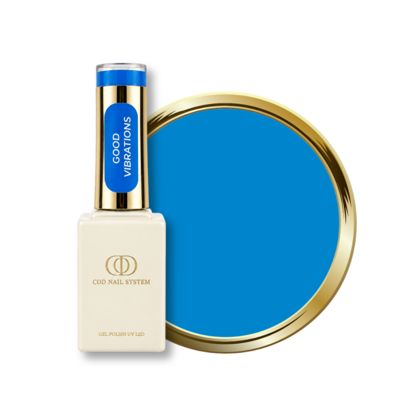 Flacon et pastille du vernis semi permanent Good Vibrations, bleu