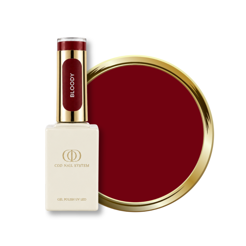Flacon et pastille du vernis semi permanent Bloody, rouge bordeaux