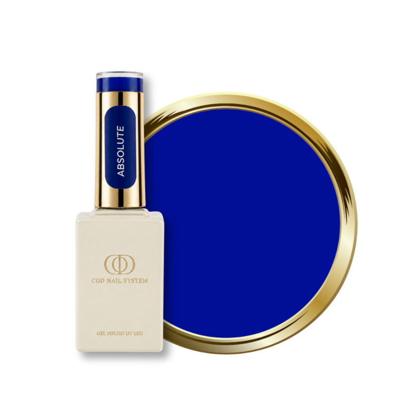 Flacon et pastille du vernis semi permanent Absolute, bleu roi
