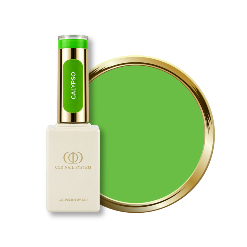 Flacon et pastille du vernis semi permanent Calypso, vert néon intense