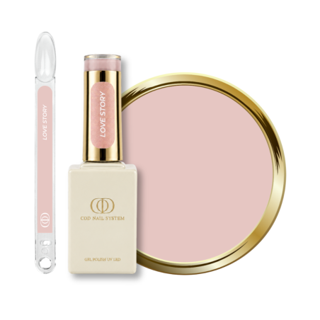 Flacon, tips et pastille du vernis semi permanent Love Story, nude rosé