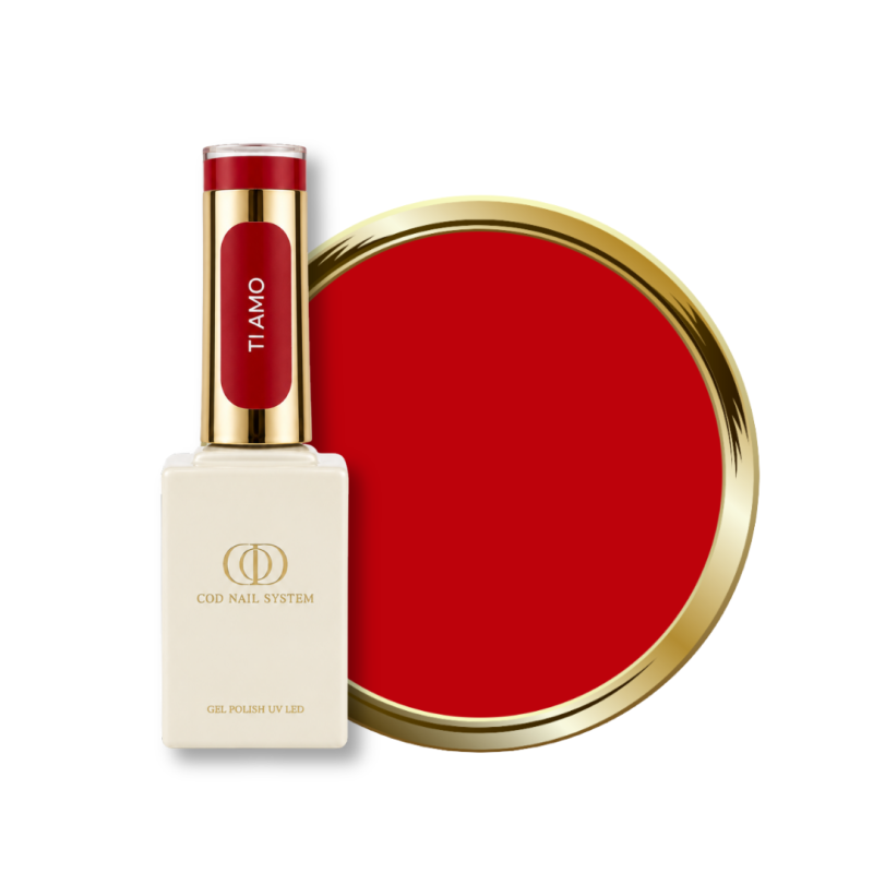 Flacon et pastille du vernis semi permanent Ti Amo, rouge intense