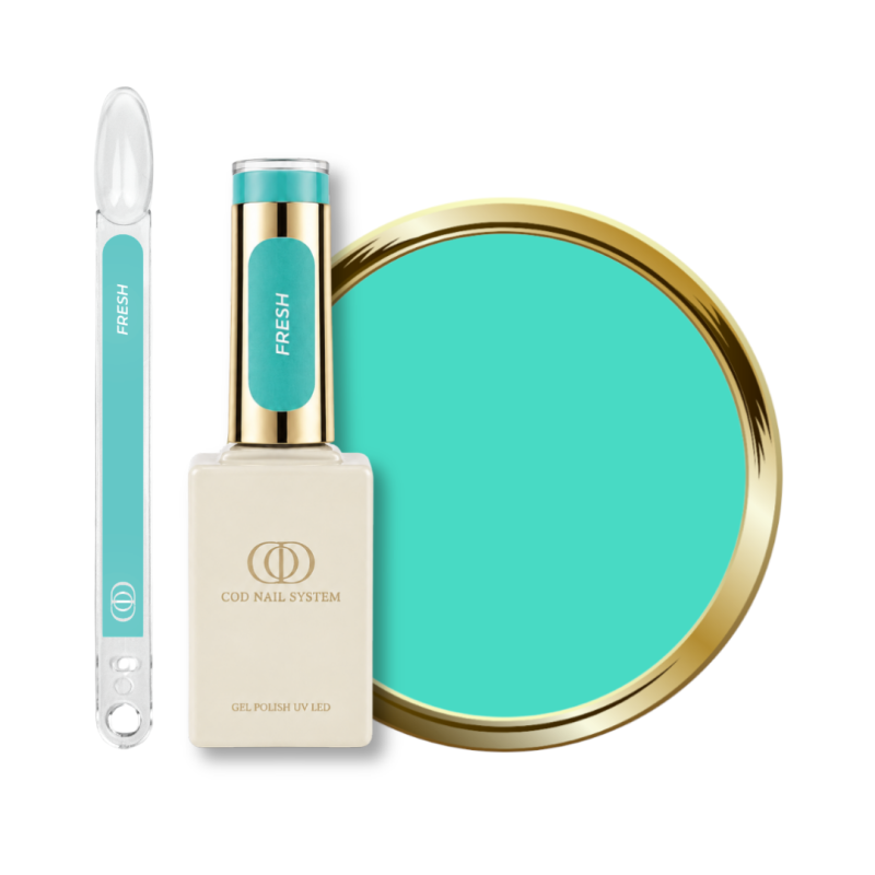 Flacon, tips et pastille du vernis semi permanent Fresh, turquoise