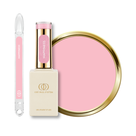 Flacon, tips et pastille du vernis semi permanent Happiness, rose pastel