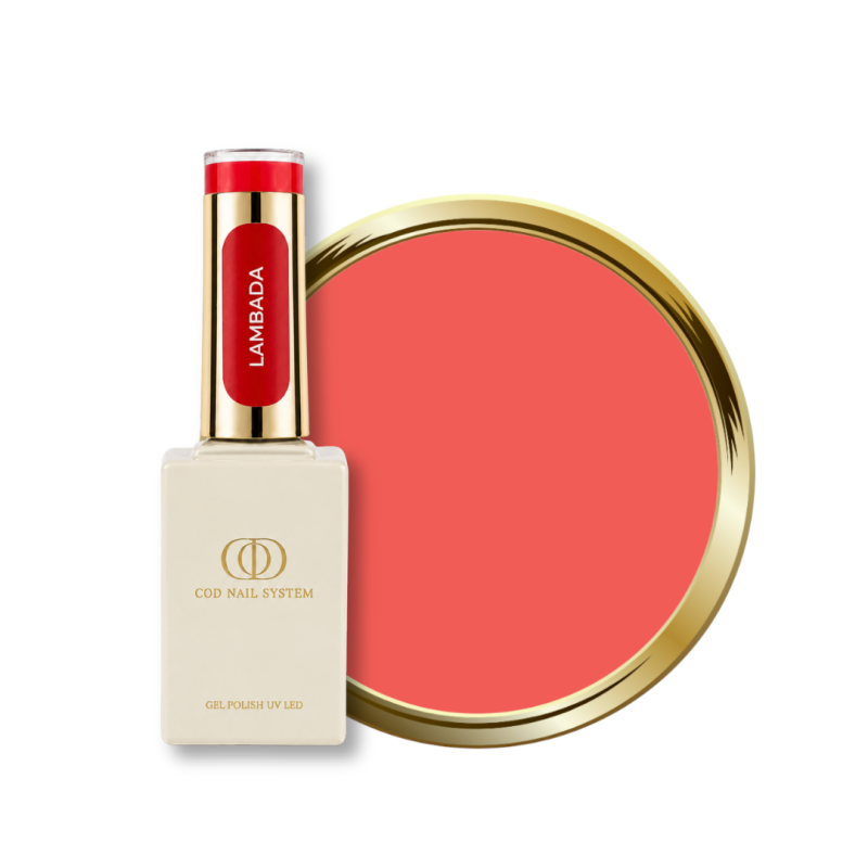 Flacon et pastille du vernis semi permanent Lambada, néon corail