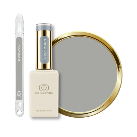 Flacon, tips et pastille du vernis semi permanent Silver Moon, gris