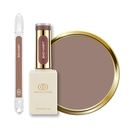 Flacon, tips et pastille du vernis semi permanent Bad Habit, marron nude beige rosé