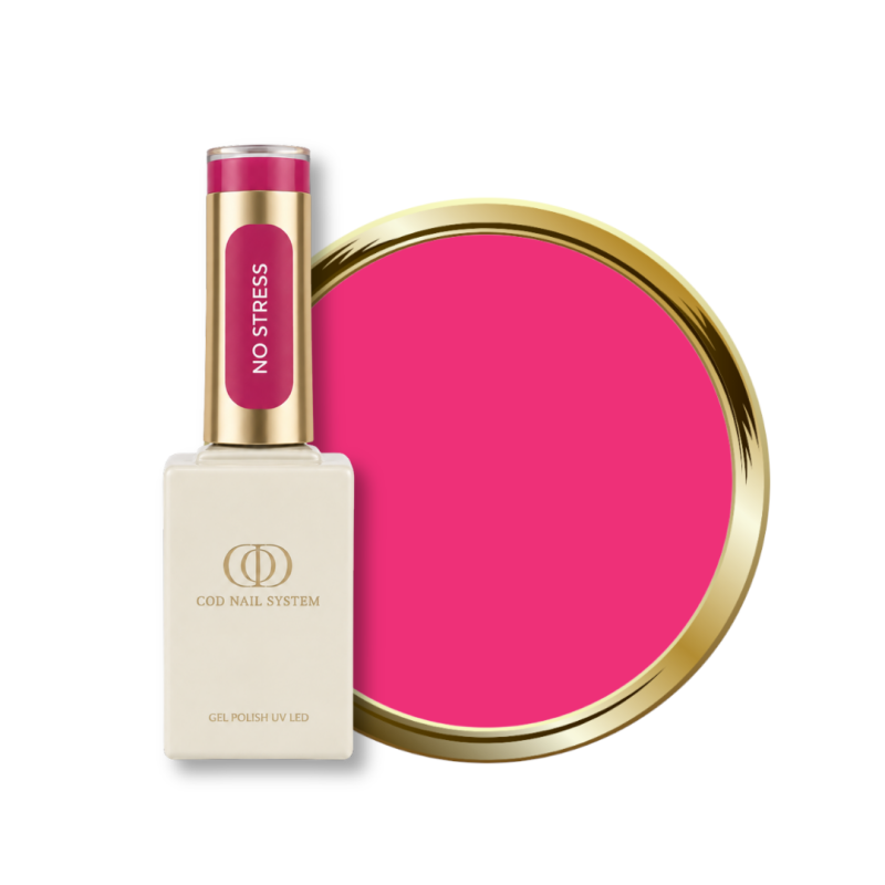 Flacon et pastille du vernis semi permanent No Stress, rose néon