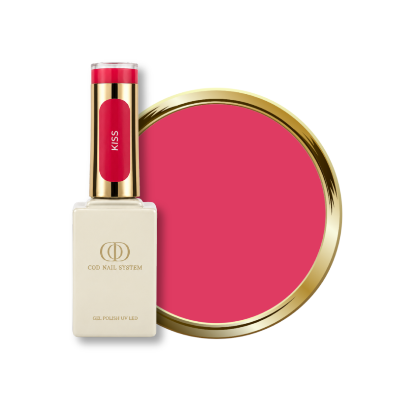 Flacon et pastille du vernis semi permanent Kiss, rose framboise