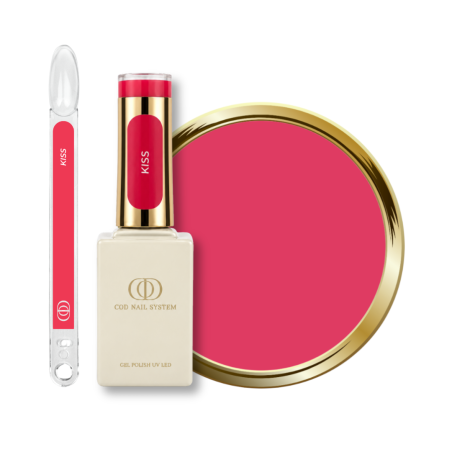 Flacon, tips et pastille du vernis semi permanent Kiss, rose framboise
