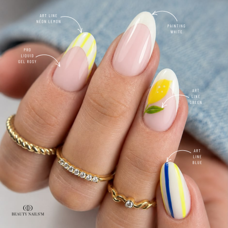 Pose d'ongles en amandes avec le gel Paint Art Line Neon Lemon, néon jaune