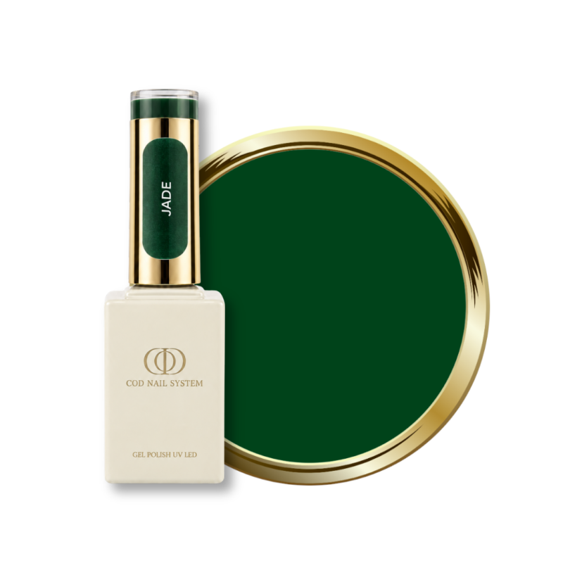Flacon et pastille du vernis semi permanent Jade, vert foncé