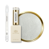 Flacon, tips et pastille du vernis semi permanent Moonlight, blanc laiteux pailleté argent