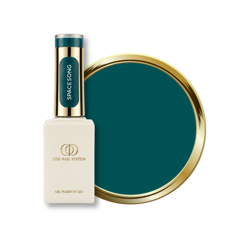 Flacon et pastille du vernis semi permanent Space Song, vert canard
