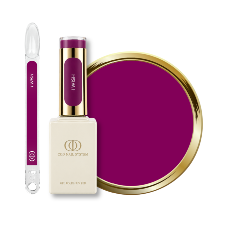 Flacon, tips et pastille du vernis semi permanent I Wish, fuchsia