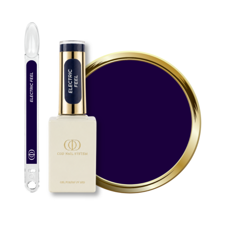 Flacon, tips et pastille du vernis semi permanent Electric Feel, violet bleu sombre