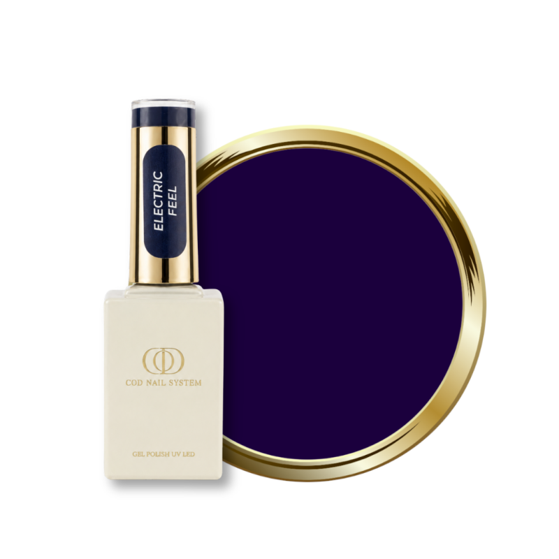 Flacon et pastille du vernis semi permanent Electric Feel, violet bleu sombre