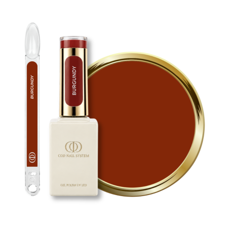 Flacon, tips et pastille du vernis semi permanent Burgundy, marron terracotta